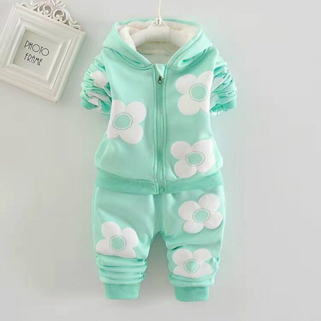Ropa de niña recién nacida Conjunto de invierno Niños Otoño e invierno Grueso Cálido Suéter con capucha informal + Pantalones Chándales de oso lindo de dibujos animadosS-80 (6M-12M) Gao Jinjia LED
