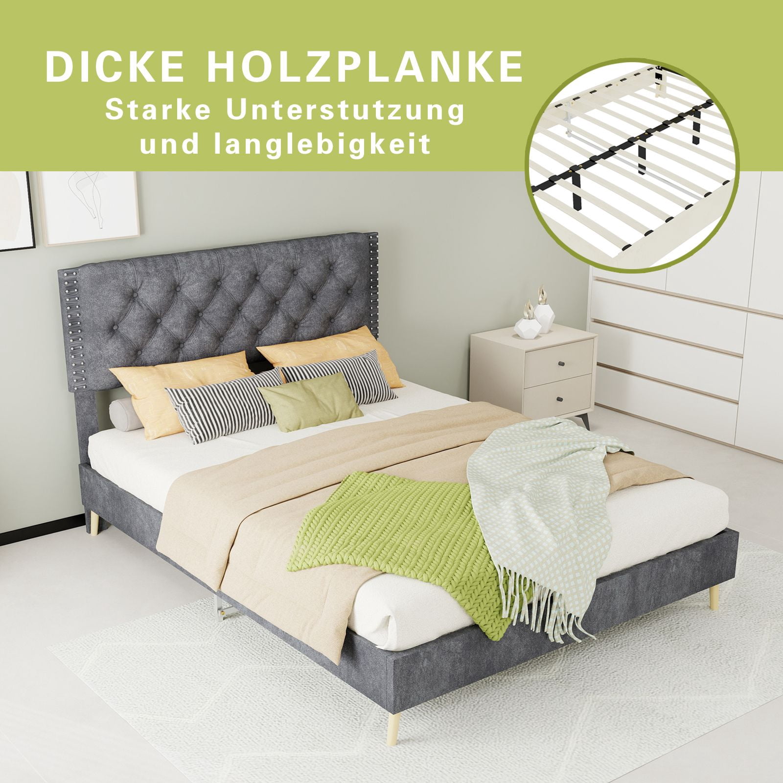 Alvantor Full Size Upholstered Bed Frame with Padded Headboard, Holland Velvet Tufted Gray