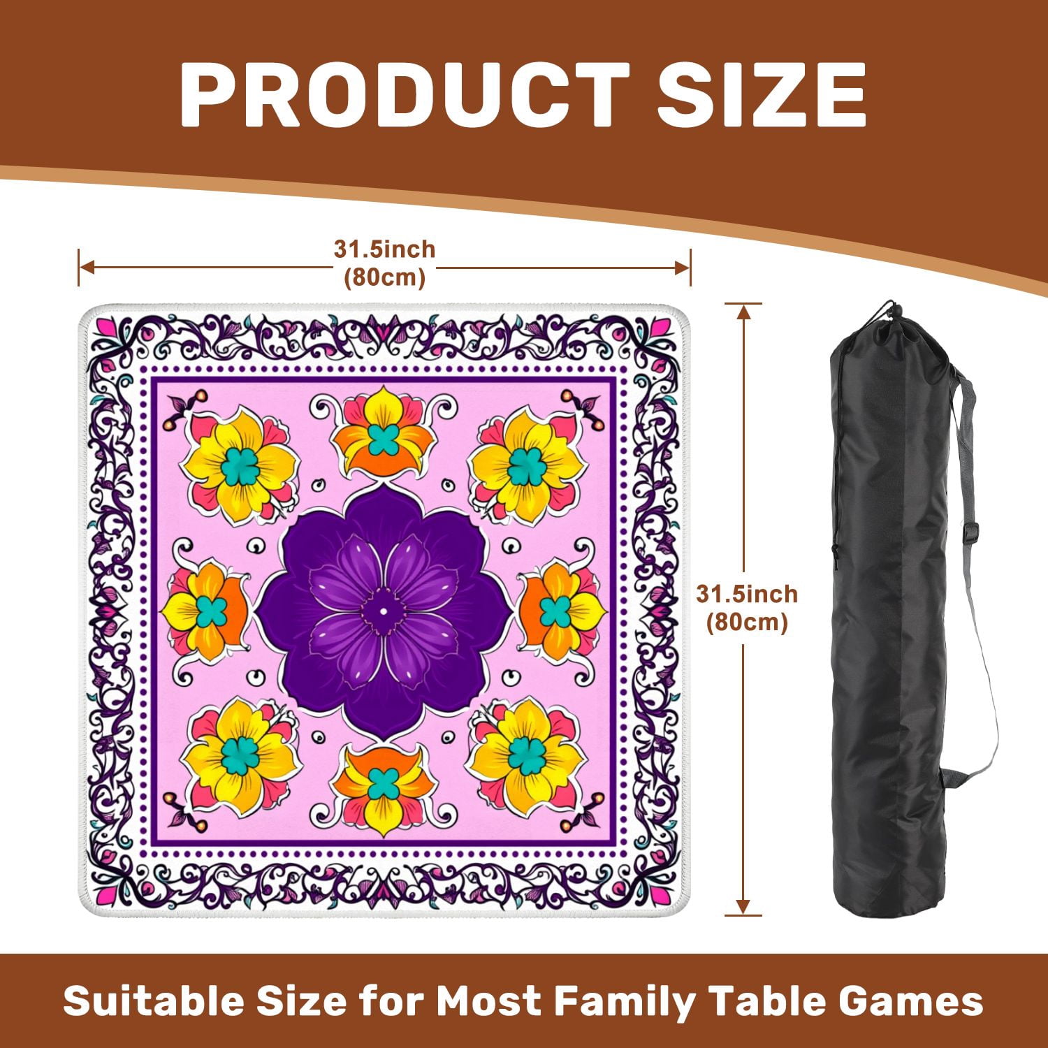 Mahjong Mat 31.5" x 31.5" Ornamental Floral Mandala Purple Center Flower Yellow Blossoms Non-Slip Noise Reduction American Mahjong Tiles Table Cover for Dominoes Poker Card Board Games Gift