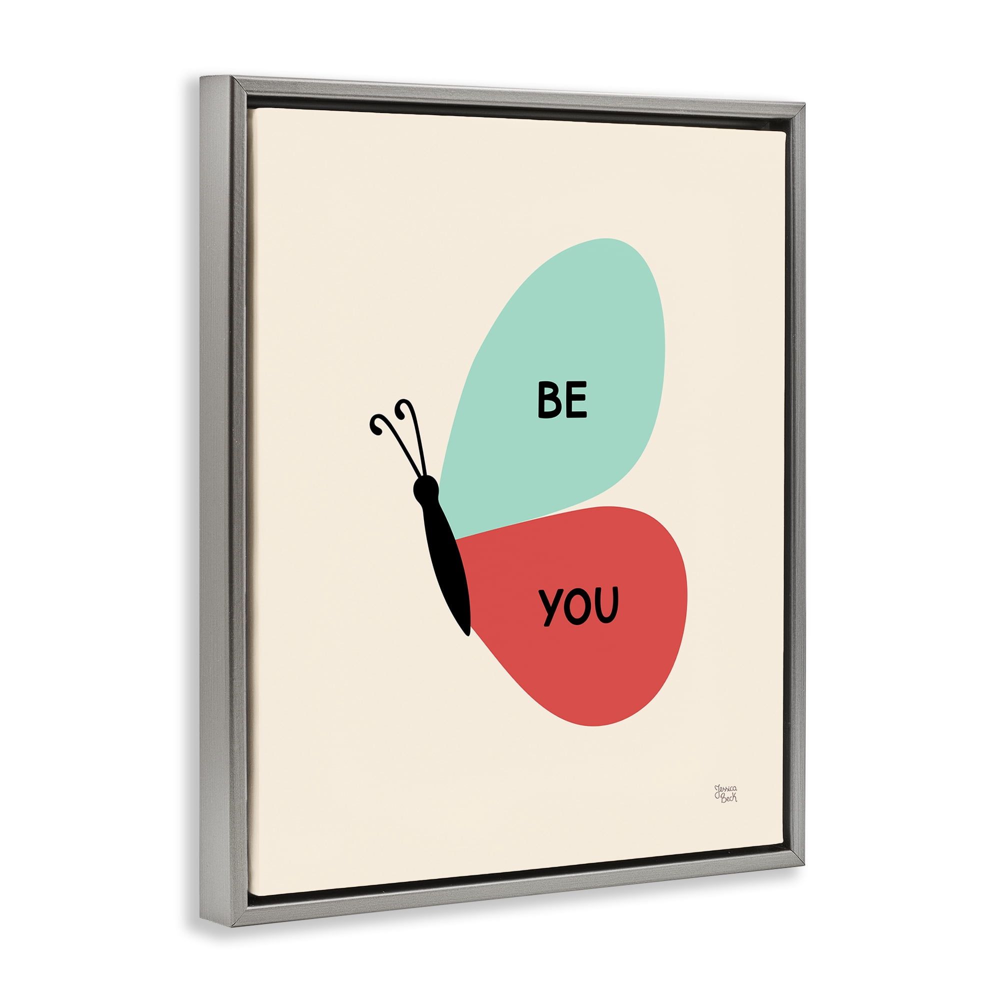 Stupell Industries Be You Simple Butterfly Animals Painting Gray Floater Framed Canvas Art Print Wall Art, 17 x 21