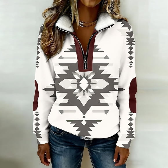 HOWPAY Western Aztec Print Sweatshirt for Women Quarter Zip Long Sleeve Collar Pullover Drop Shoulder Vintage Warm Casual Y2k Clothes Beige S