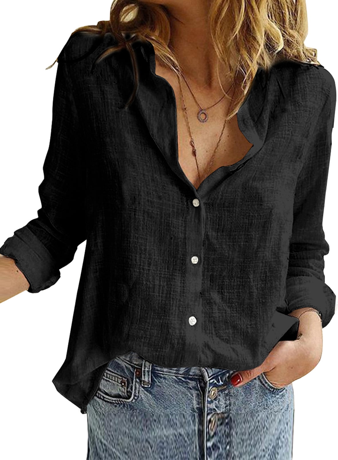 SHEWIN Womens Black Button Down Shirts Casual V Neck Work Blouses 3/4
