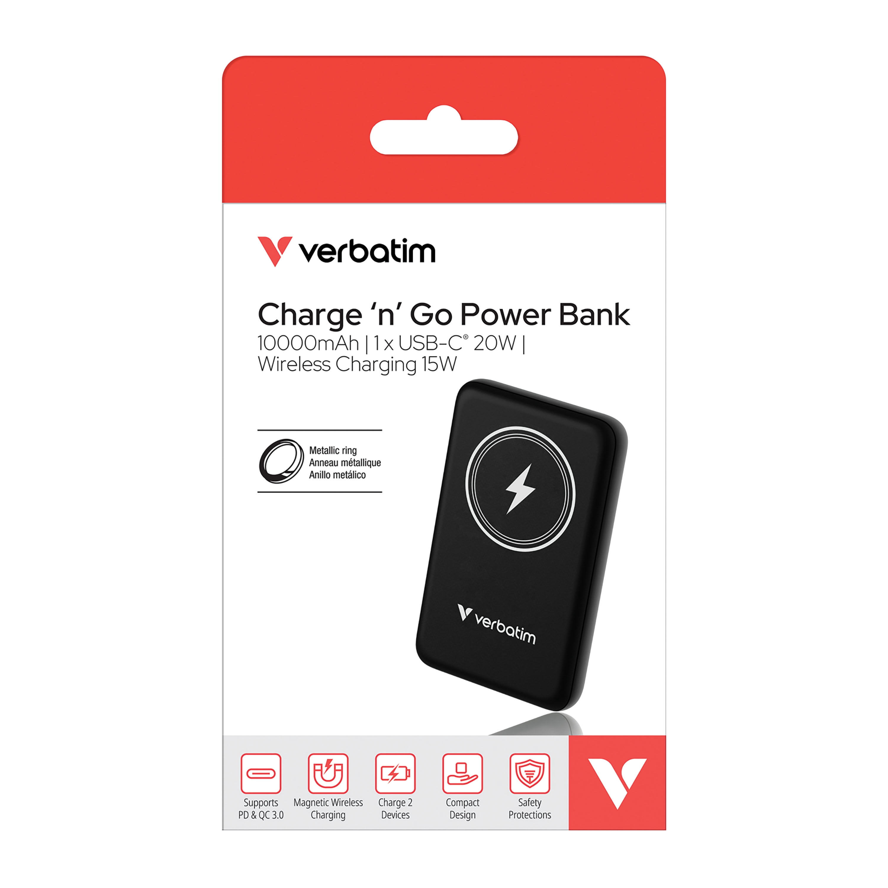 Verbatim Charge 'n' Go Magnetic Wireless Power Bank 10000 mAh - Black