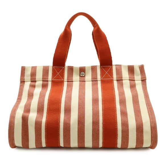 Pre-Owned HERMES Cannes MM Tote Bag Handbag Striped Canvas Red Ivory