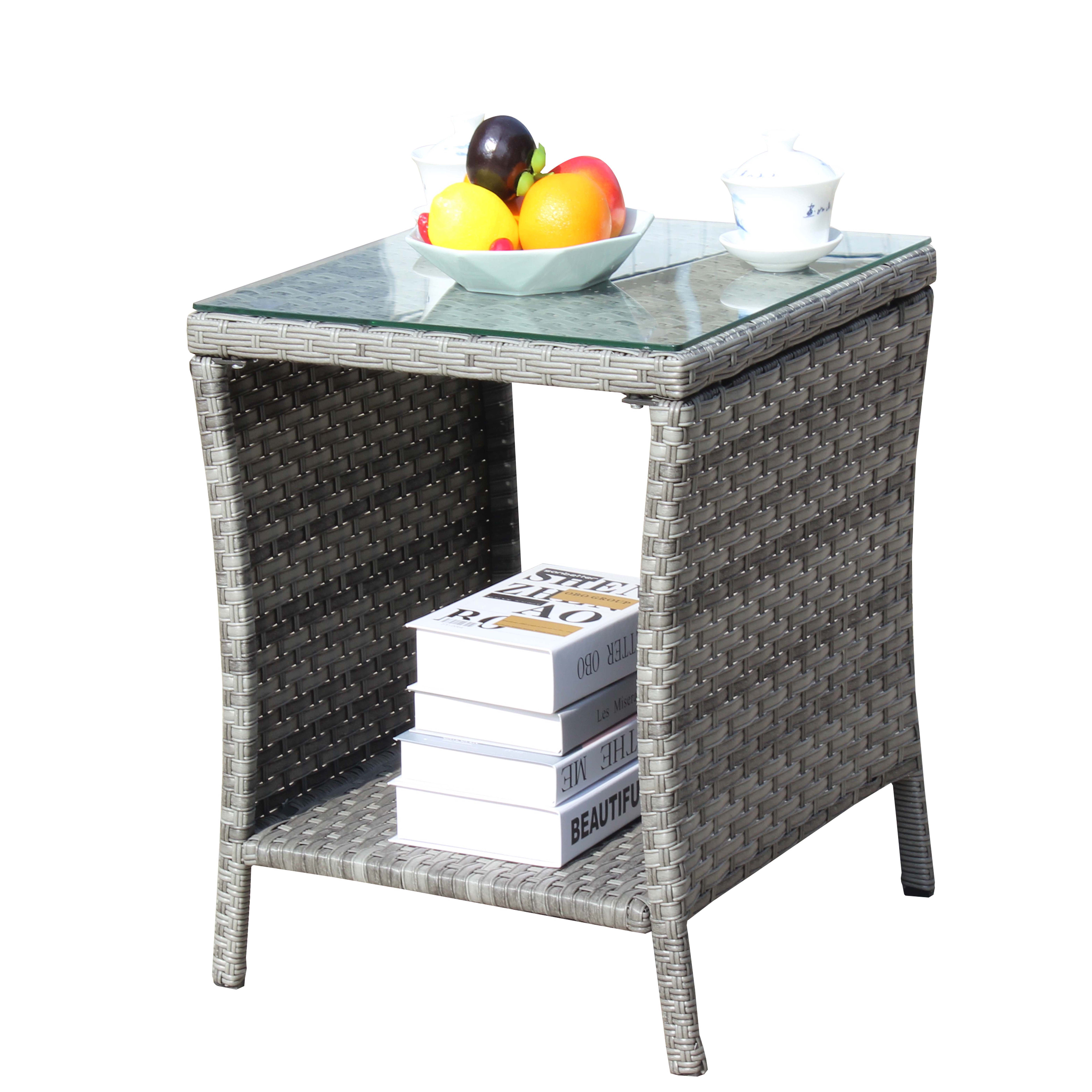 PE Rattan Outdoor Patio Coffee Table with 0.2 Inch Clear Tempered Glass Top, 19.25×19.25×21 Inch Steel Frame Side Table, 120LBS Weight Capacity Weather Resistant Garden Deck Table