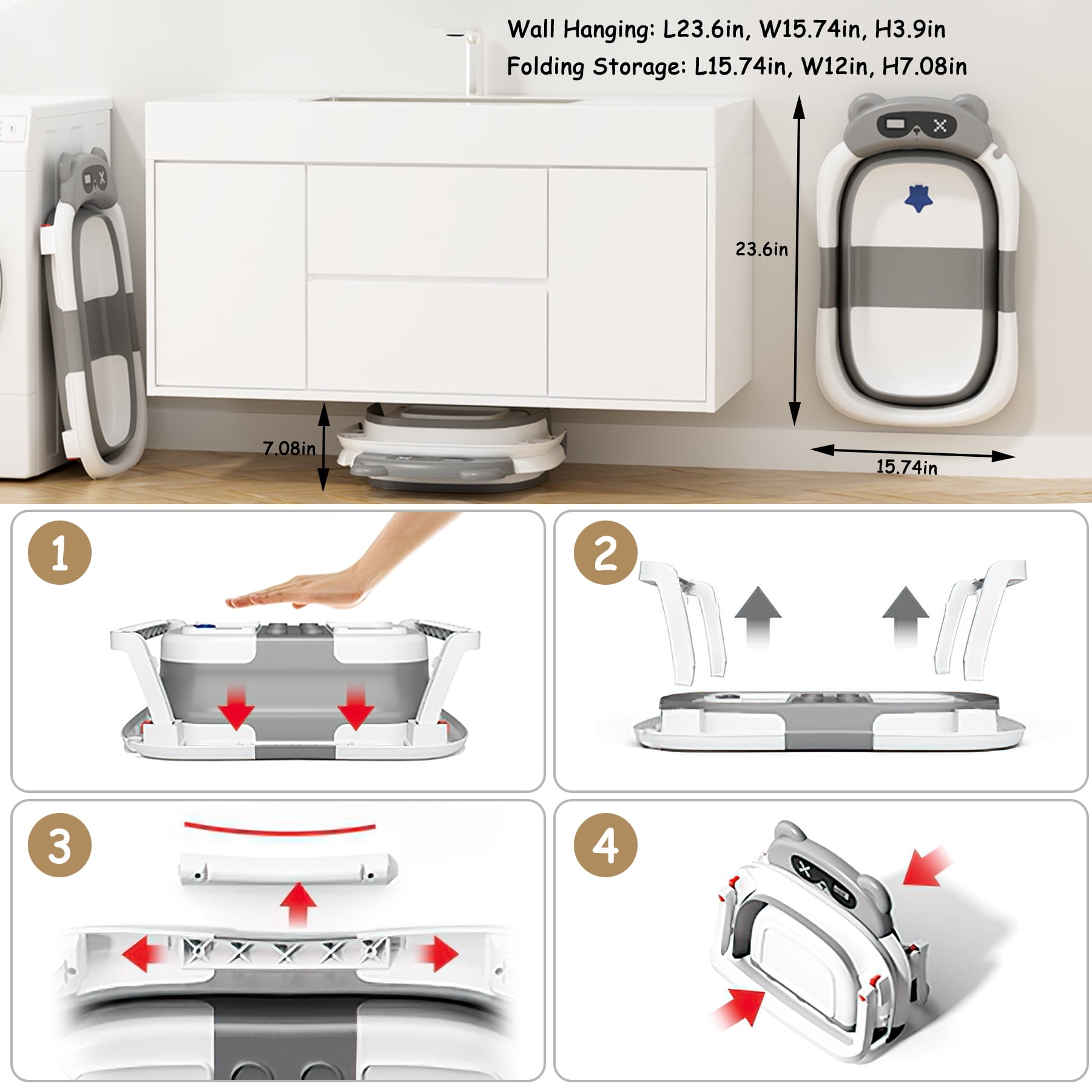 Baby Bathtub, Collapsible Newborn Bathtub for Infant to Toddler 0-1 Year with Soft Cushion+Baby Tub Sling and Thermometer, Portable Travel Bathtub, Foldable Infant Bathtub with No-Slip Feet, Grey