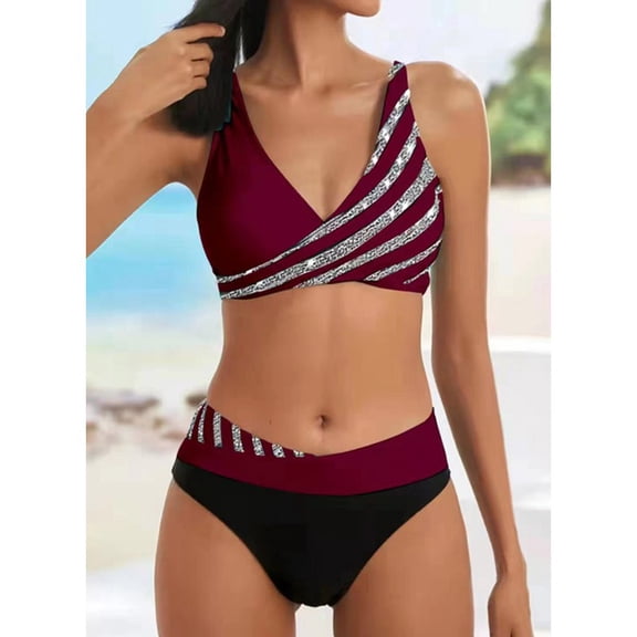 Xdegoge Bikini Sets for Women V Neck Cross Front High Waisted Tummy Control Bottom Two Piece Bathing Suits Striped Color Block Slimming Water Sports