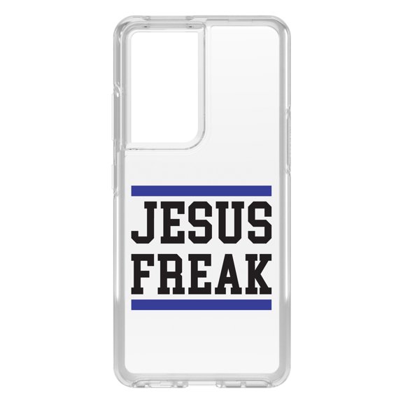 DistinctInk Clear Shockproof Hybrid Case for Galaxy S21 ULTRA 5G (6.8" Screen) - TPU Bumper Acrylic Back Tempered Glass Screen Protector - Jesus Freak White Blue
