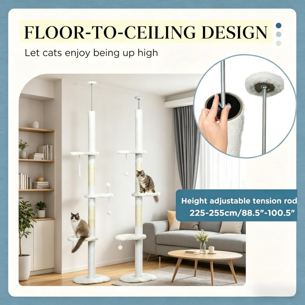 Tall Cat Tree for Small Cats (Under 10 lbs), 88.5"-100.5" Height-Adjustable (Tension Rod), Plush Fleece Cat Tower with Sisal Scratching Posts, Cloud Perches & Toy Balls