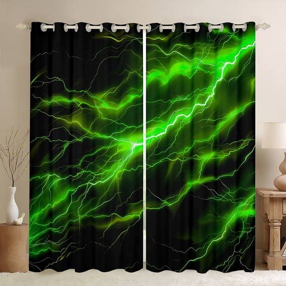 Feelyou Teen Futuristic Lightning Blackout Curtains Set of 2 (52x84 Each), Neon Green Stripes Window Curtains, Natural Weather Storm Curtains and Drapes, Blackout Curtains Home Decor