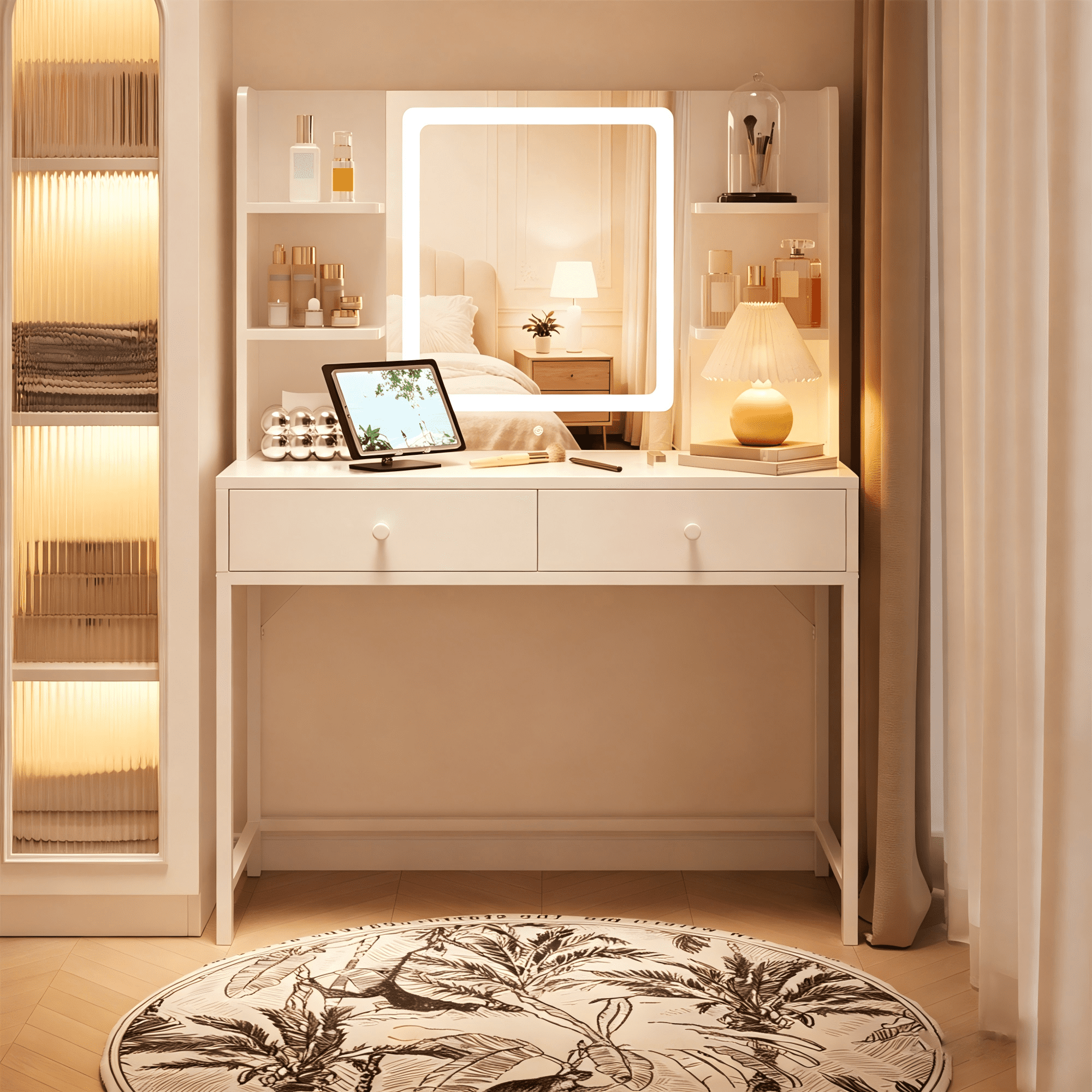 Lofka White Makeup Vanity Desk, LED Lighted Mirror Vanity Table with Adjustable Light, Storage Drawers & 4 Open Shelves for Bedroom