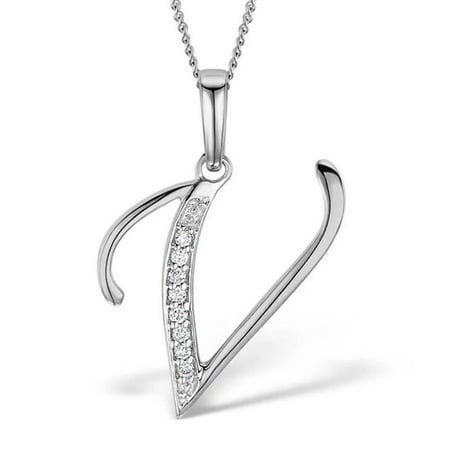 Trillion Designs Sterling Silver 0.05Ct Round Cut Natural Diamond Initial V Symbol Pendant Necklace