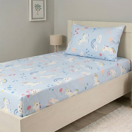 Top Cotton 2 Piece Twin Sheet Set 100% Cotton Sheets with Deep Pockets Kids Twin Fitted Sheet & Pillow Case Breathable & Crisp Percale Weave (Unicorn)