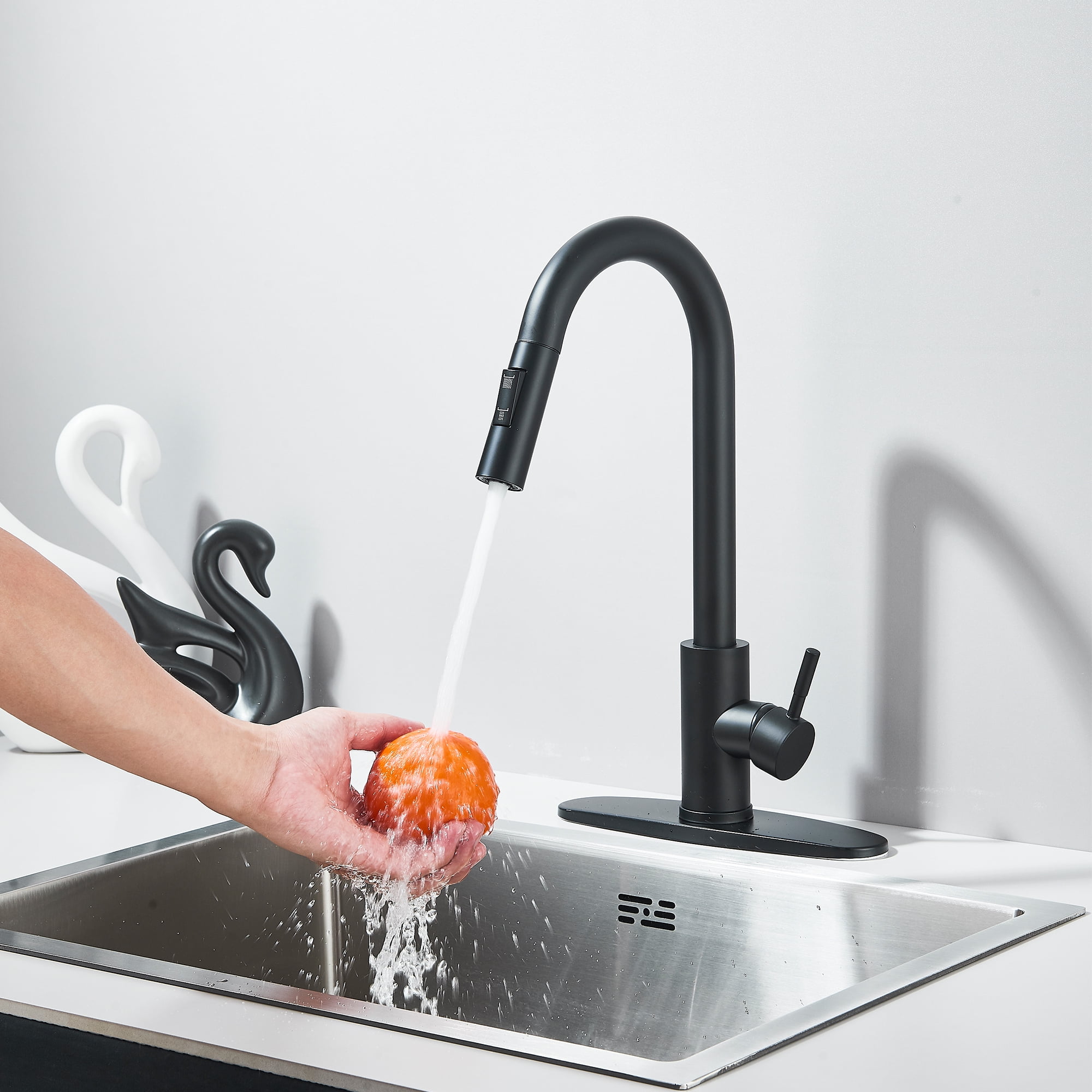 Black Kitchen Faucets with Pull-Down Sprayer , 2.5GPM High Arc Single Handle, Stainless Steel, with Deck Plate, for Farmhouse Camper Laundry Rv Bar