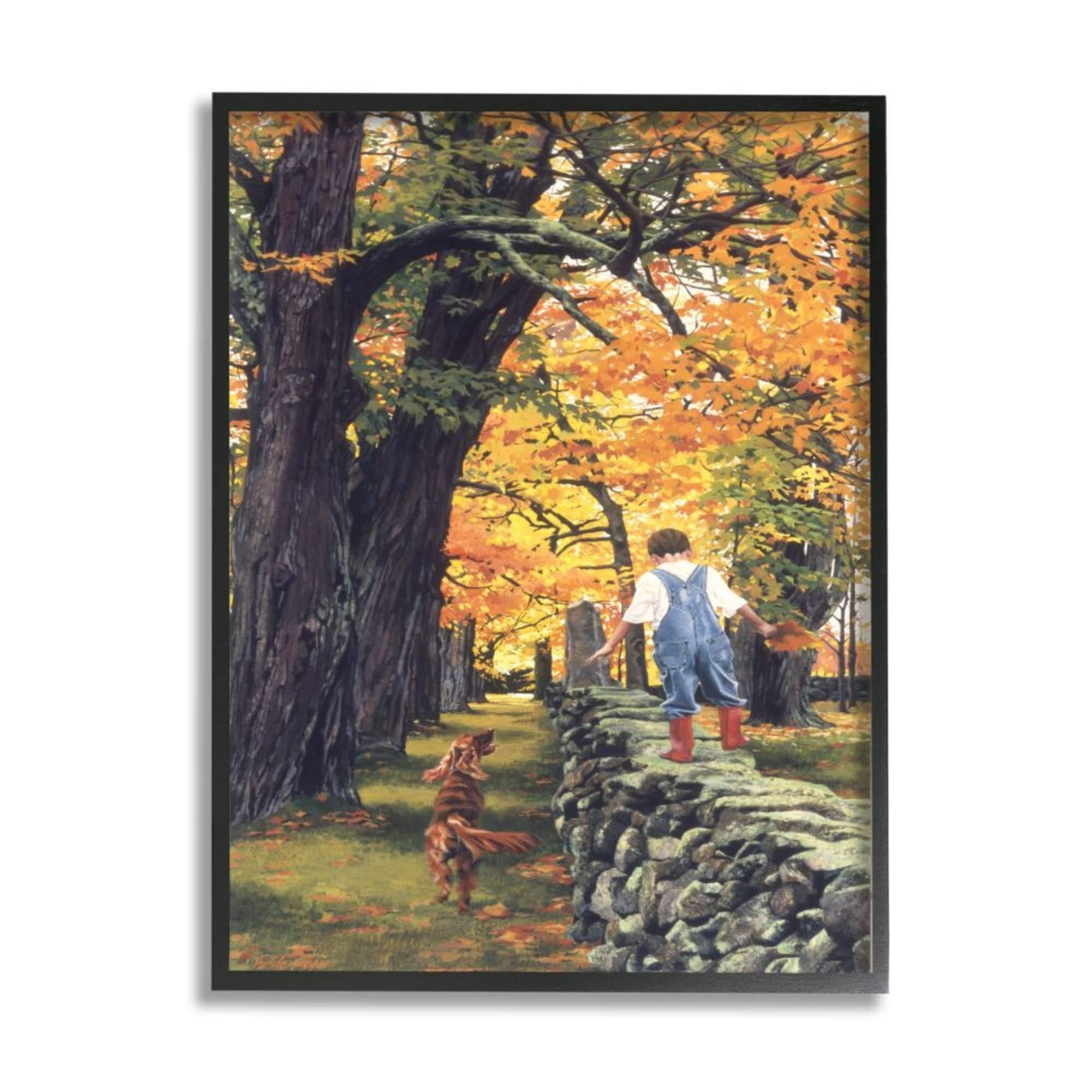 Stupell Industries Boy Walking on Stone Wall with Dog Design by Heide Presse, 11" x 14", Gray Framed
