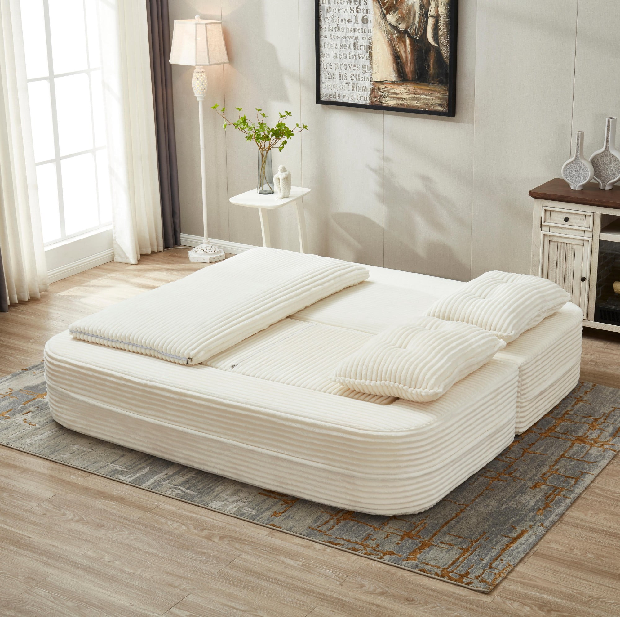 80" King Size Convertible Sleeper Sofa Bed with Independent Chaise Lounge,Multifunctional Plush Corduroy Sectional Sofa Couch for Living Room,Bedroom,Beige