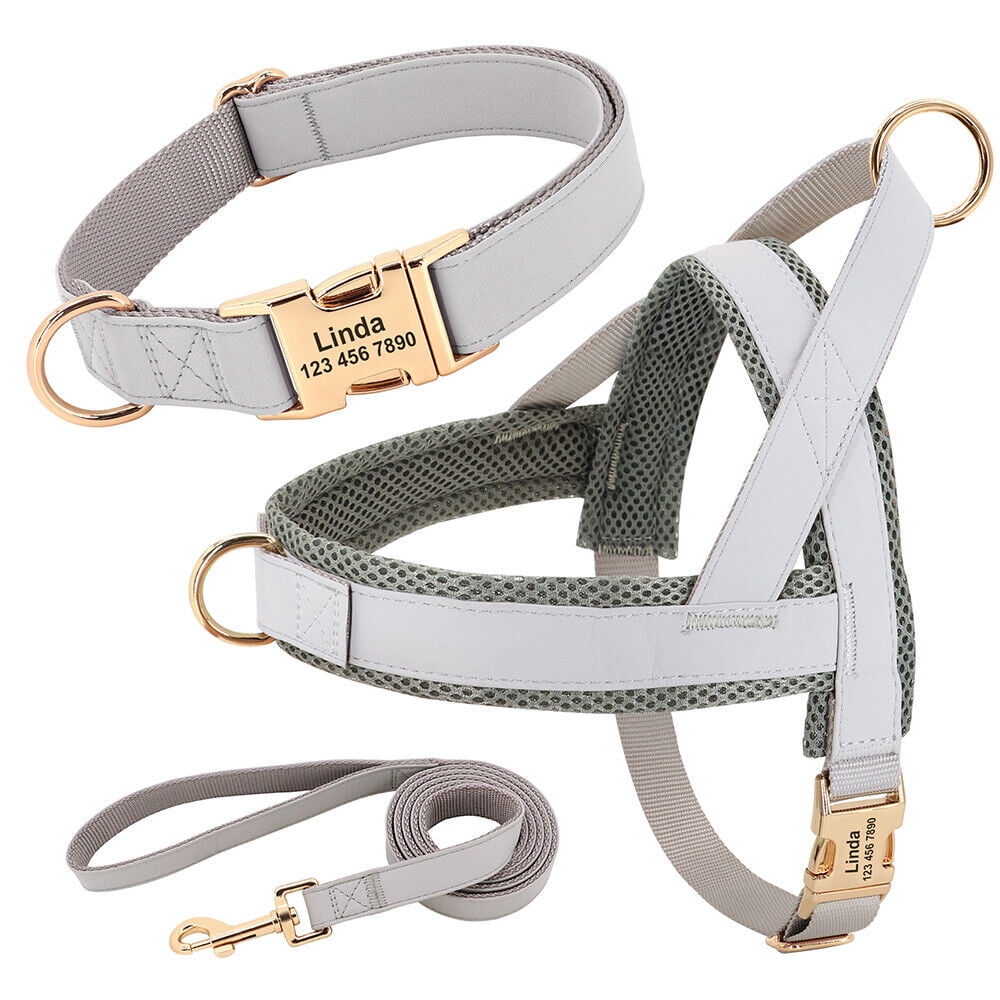 Pet Artist 3pcs Personalized Dog Harness & Collar & Leash set Metal ID Name Metal Buckle Mesh Padded Adjustable
