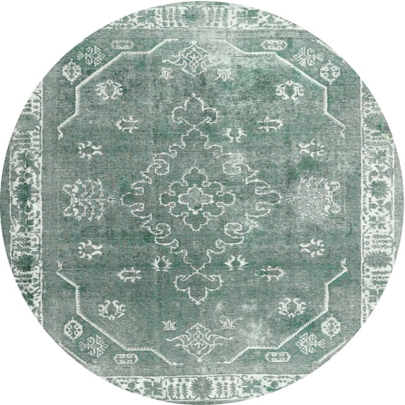Ahgly Company Machine Washable Indoor Round Contemporary Grayish Turquoise Green Area Rugs, 4' Round