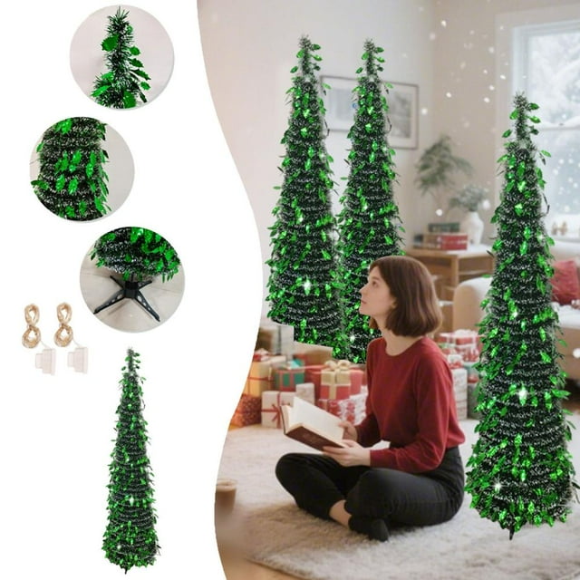 Feltree Christmas Tree with Lights Foldable 59 Inch Warm White Lights Easy Assembly for Home Party Wedding Decor, Sparkling Pre-Lit Holiday Decoration with Sturdy Base