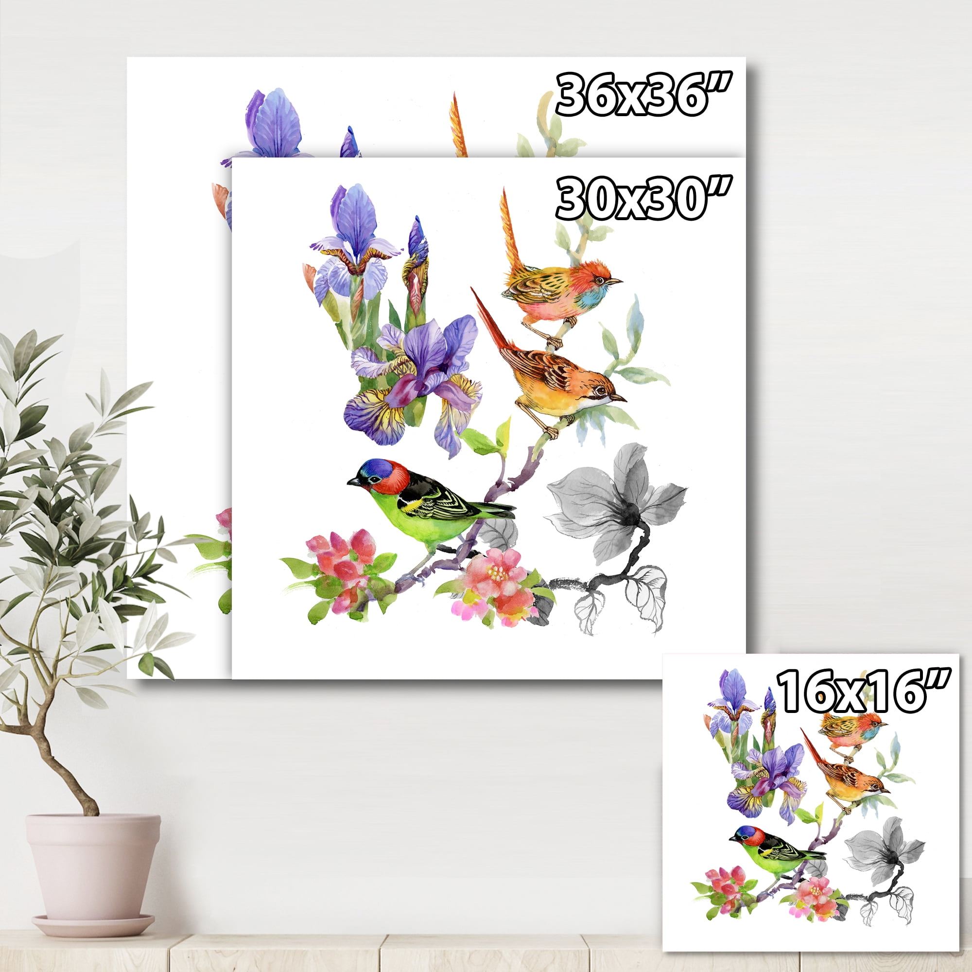 Designart ' Colourful Birds and Tropical Flowers I ' Traditional Canvas Wall Art Print