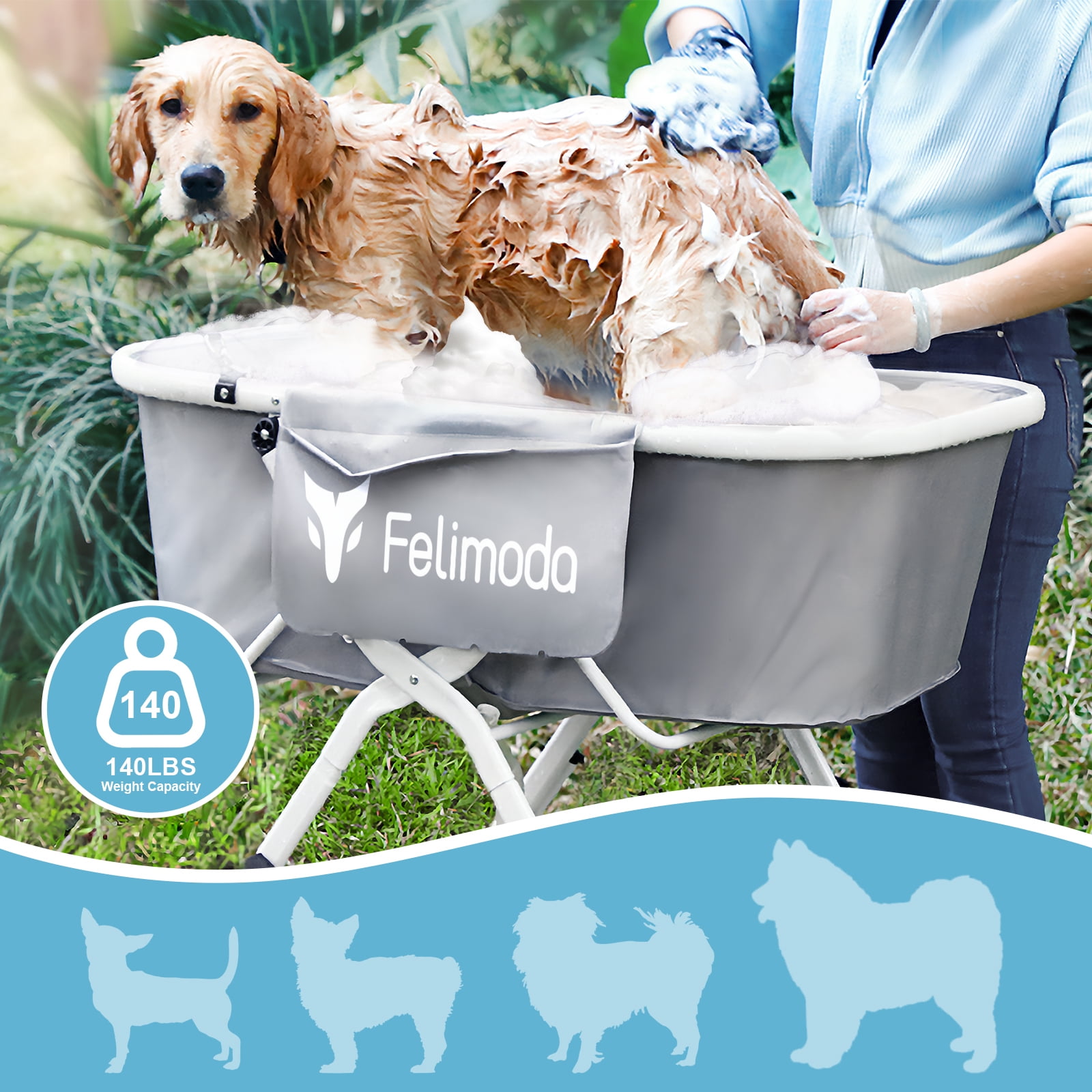 FELIMODA Elevated Dog Bathtub, Foldable Pet Washing Station with 5 Adjustable Heights, Portable PVC Dog Bath with Storage, up to 140 lbs, Grey