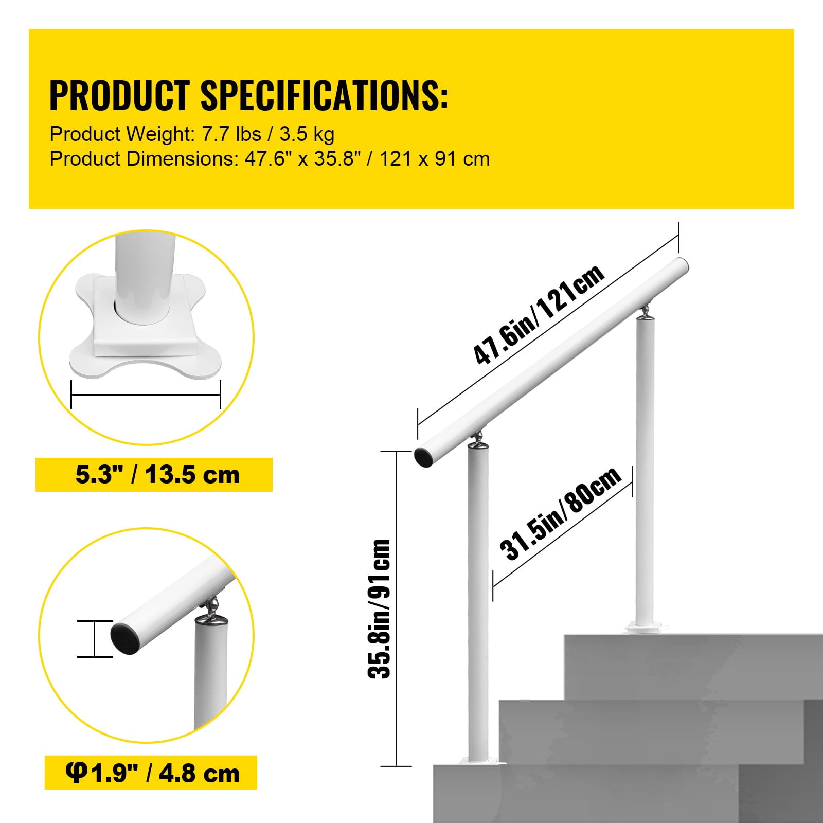 BENTISM 2-3 Steps Handrail, 4 FT Flexible Outdoor Deck Hand Rail, Stair Railing Kit White Aluminum Handrail