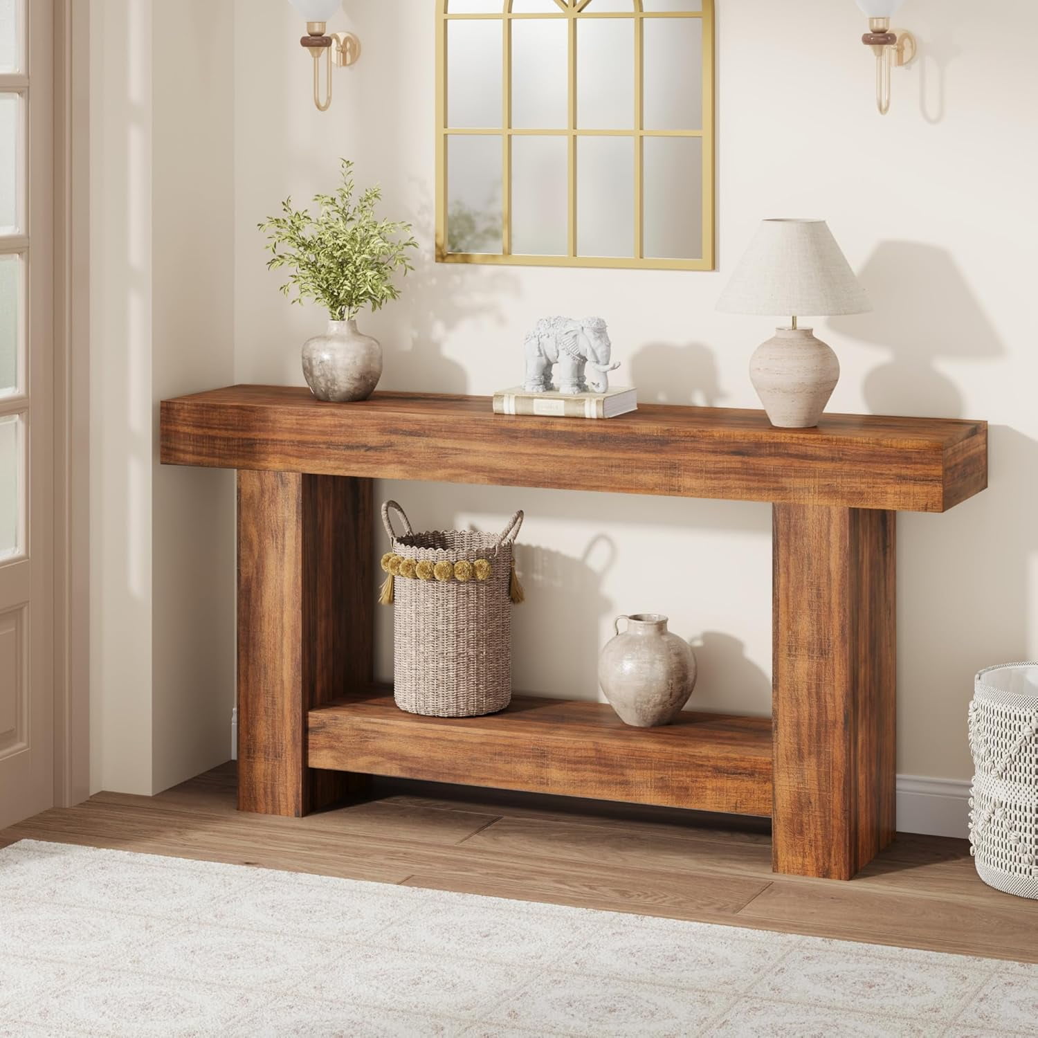 63 Inch Console Table, 2-Tier Farmhouse Sofa Table with Storage, Large Entryway Table for Living Room, Hallway, or Foyer