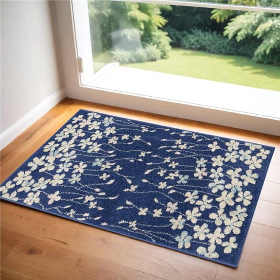 HomeRoots 553279 2 x 4 ft. Floral Rectangle Area Rug - Navy Blue & Ivory