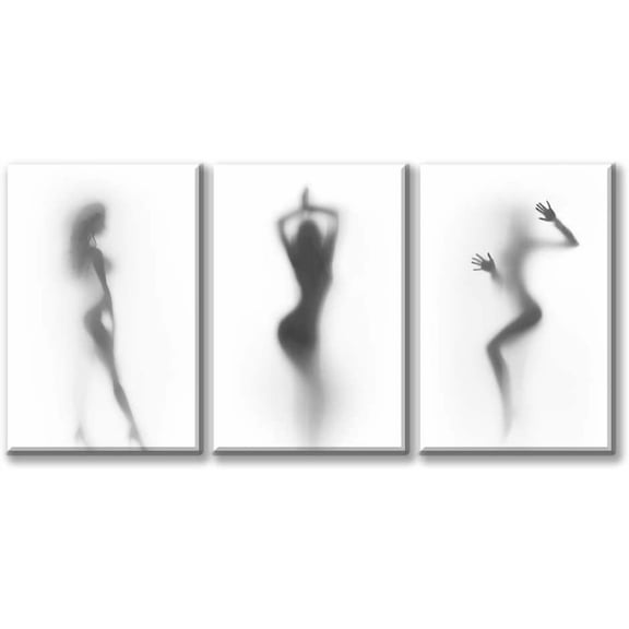 Abstract Black and White Wall Art - Girl Art Poster - 3-Panel Framed Canvas Set, Artistic Silhouettes Decor for Bathroom, Bedroom, Living Room, Ready to Hang 12"x16"x3
