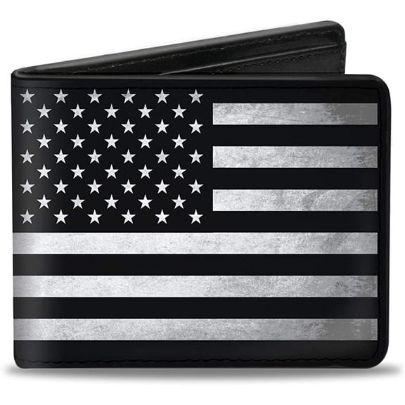 Buckle-Down Wallet, Bifold, American Flag Weathered Black White, Vegan Leather