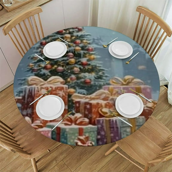 Sheronv Christmas Tree Snow Presents Round Tablecloth 100% Polyester Table Cover for Indoor and Outdoor Use - Stain-Resistant and Washable - Ideal for Restaurants, Weddings, Parties 31"-35
