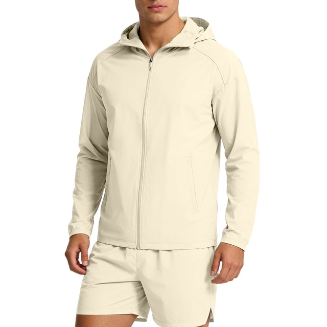Sun Protection Hoodie Jacket for Men Long Sleeve Solid Color Zip Cardigan Polyester