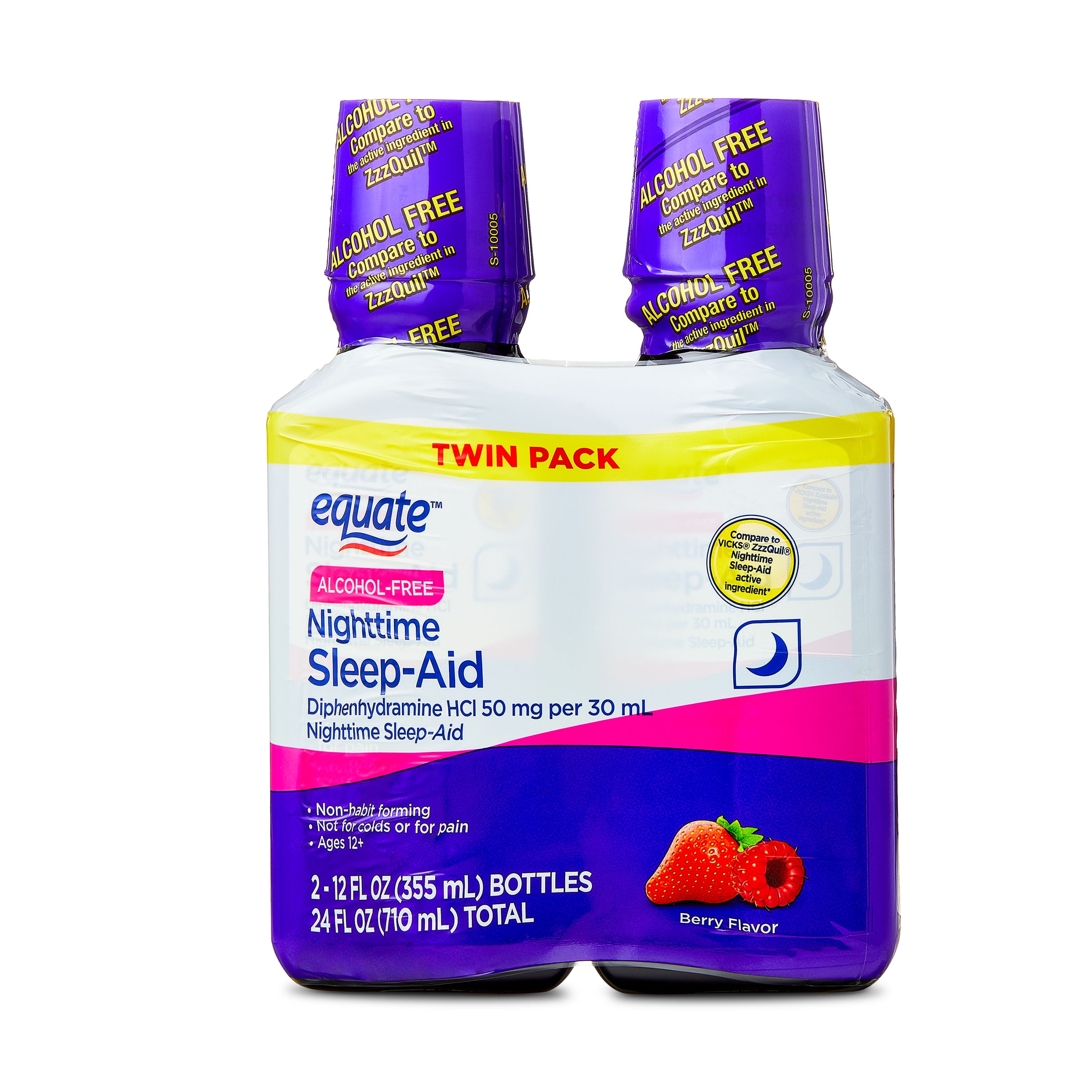(3 pack) Equate Alcohol-Free Nighttime Sleep Aid Diphenhydramine 50 mg Liquid, Berry Flavor,24 fl oz (2 x 12 fl oz), Compare to VICKS® ZzzQuil ®Nighttime Sleep-Aid Active Ingredient