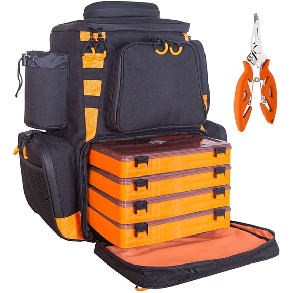 Fishing Backpack Waterproof Tackle Bag with Protective Rain Cover Includes 4 Tackle Boxes Stainless Steel Fishing Pliers and Lanyard - Black Orange
