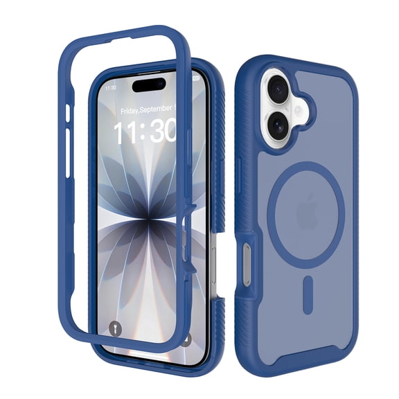 Rugged Magnetic Case for iPhone 17, Compatible with MagSafe, Built-in Screen Protector Full-Body Military-Grade Protection Shock-Absorbing Protective Translucent Back Case, Blue