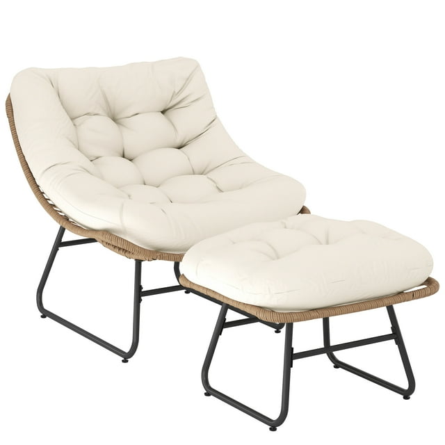 Outsunny Rattan Chair w/ Stool, Cushion, Adjustable Foot Pads, Natural