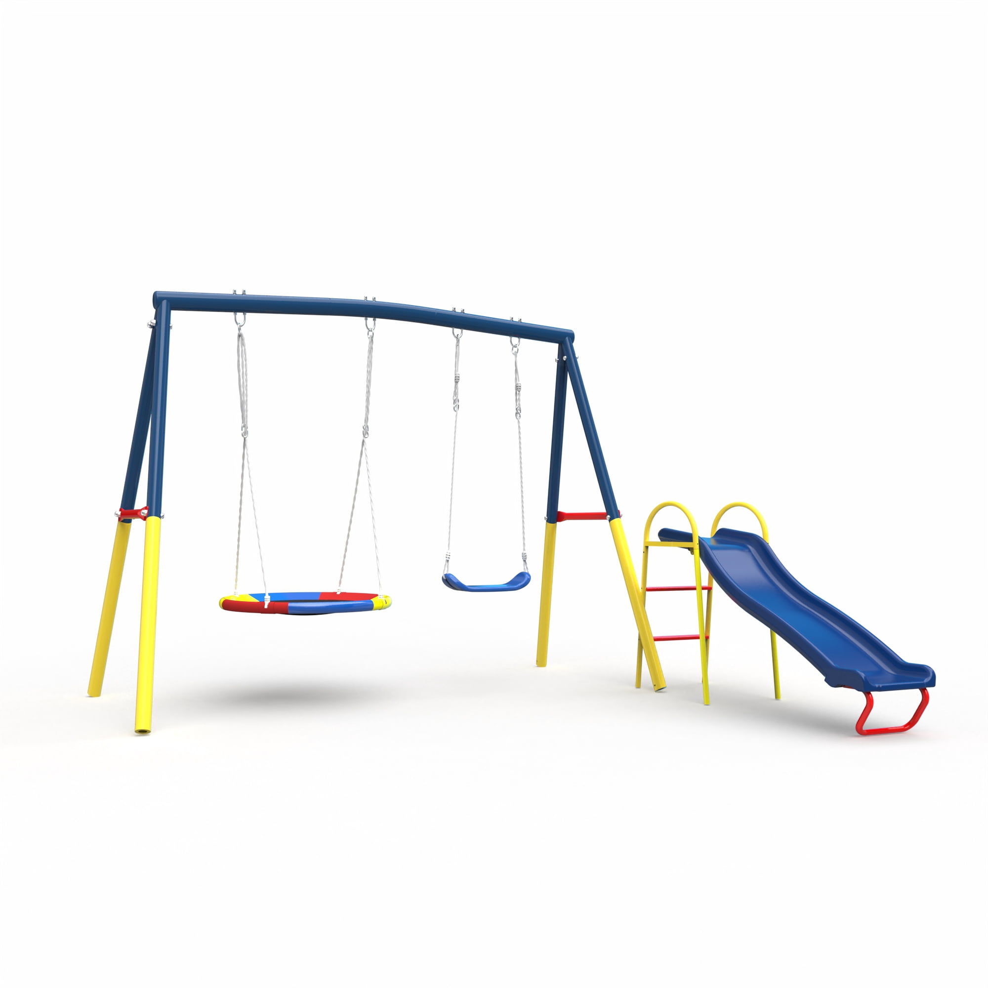 Aukfa Amictoy 3-in-1 Swing Set, Heavy-Duty Backyard Swing Set with 32" Saucer Swing, Belt Swing & Slide for Kids, Outdoor Playground, Blue