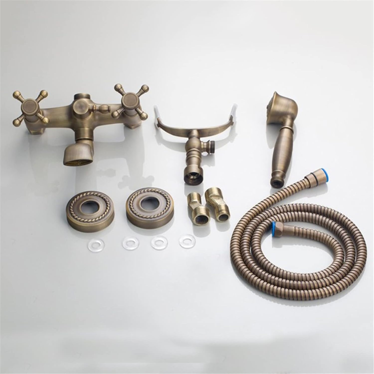 Vintage Wall Mount Antique Brass Bathtub Faucet with Hand Shower Sprayer, Bathroom Tub Faucet, Double Cross Handle Telephone Shaped Handheld Sprayer Shower Set