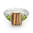 thumbnail image 2 of Gem Stone King 925 Sterling Silver and 10k Yellow Gold Brown Tiger Eye and Green Peridot 3 Stone Engagement Ring for Women (4.15 Cttw, Emerald Cut Cut 10X8MM, Size 6), 2 of 4