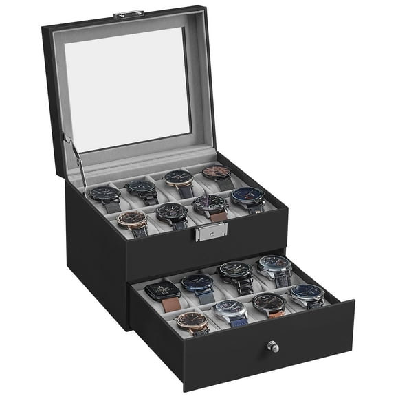 20-Slot Watch Box, Watch Case with Glass Lid, 2 Layers, Lockable Watch Display Case, Black and Red
