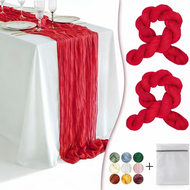 Camino de mesa de gasa roja (paquete de 2), 89 cm, estilo bohemio, de 304 cm de largo, rústico, transparente, para baby shower, boda, despedida de soltera, cumpleaños, decoración de mesa.