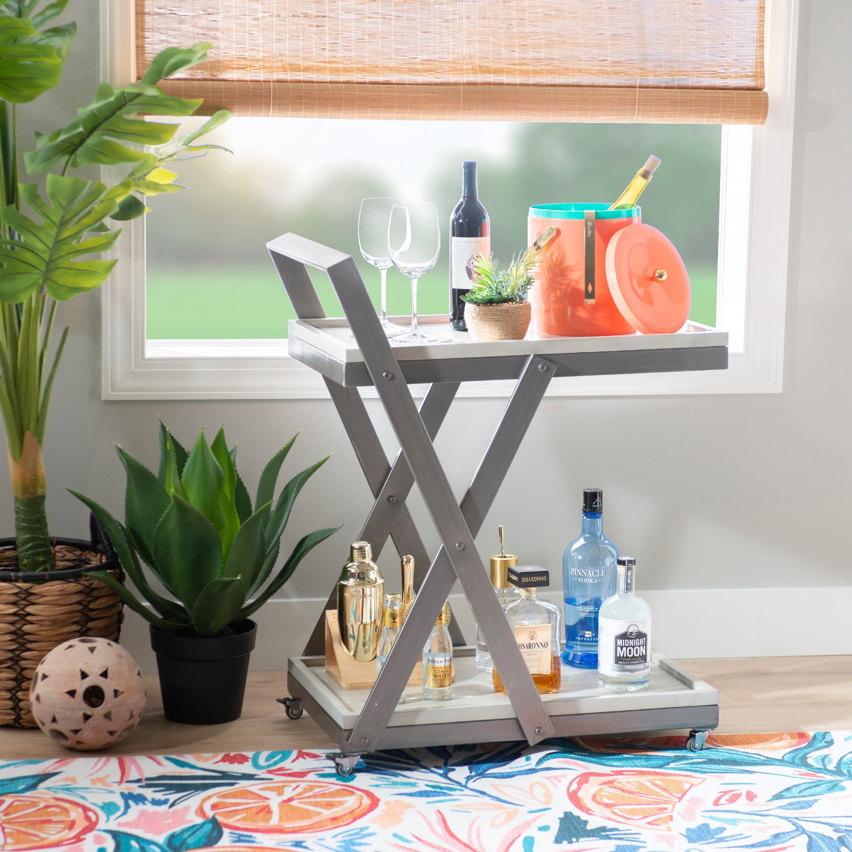 Powell Radnor 2-Tier Rolling Bar Cart, Gray/White