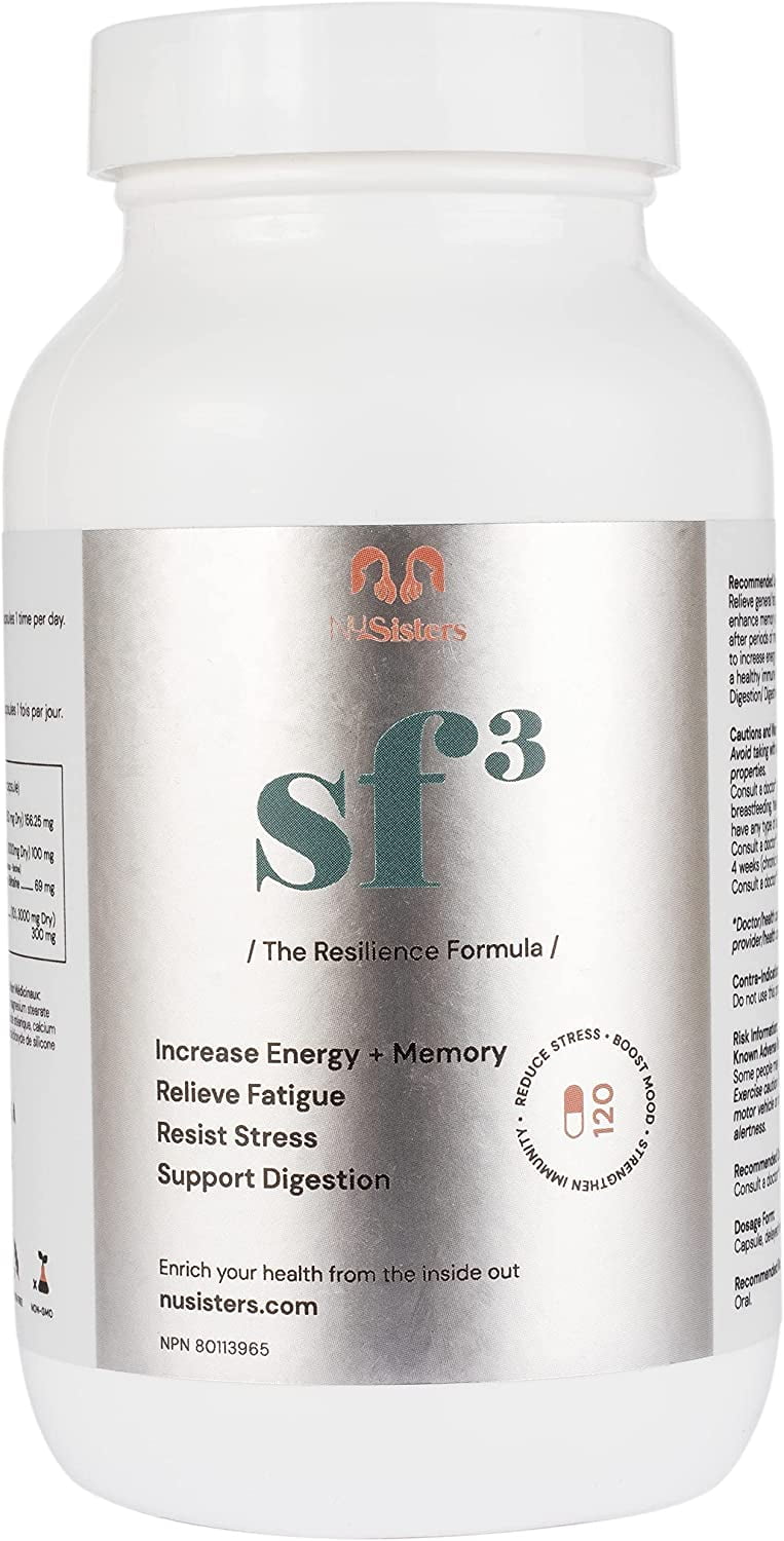 NUSISTERS NuSisters Stress Free 3 (SF3), Resilience Formula, Memory Enhancer, Increases Energy + Resistance to Stress, Healthy immune system, Improve sleep - Health Canada Licensed NPN #80113965 (120 Capsules)