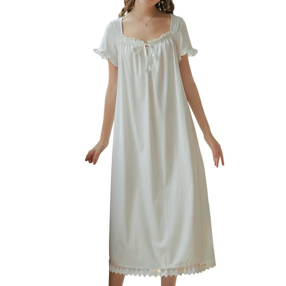 Defitshape Women's Victorian Nightgown Cotton Princess Sleepwear Short Sleeve Long Loungewear Vintage Summer Loose Ruffle Nightwear Pajama Pj Night Sleep Dress Gown White Large