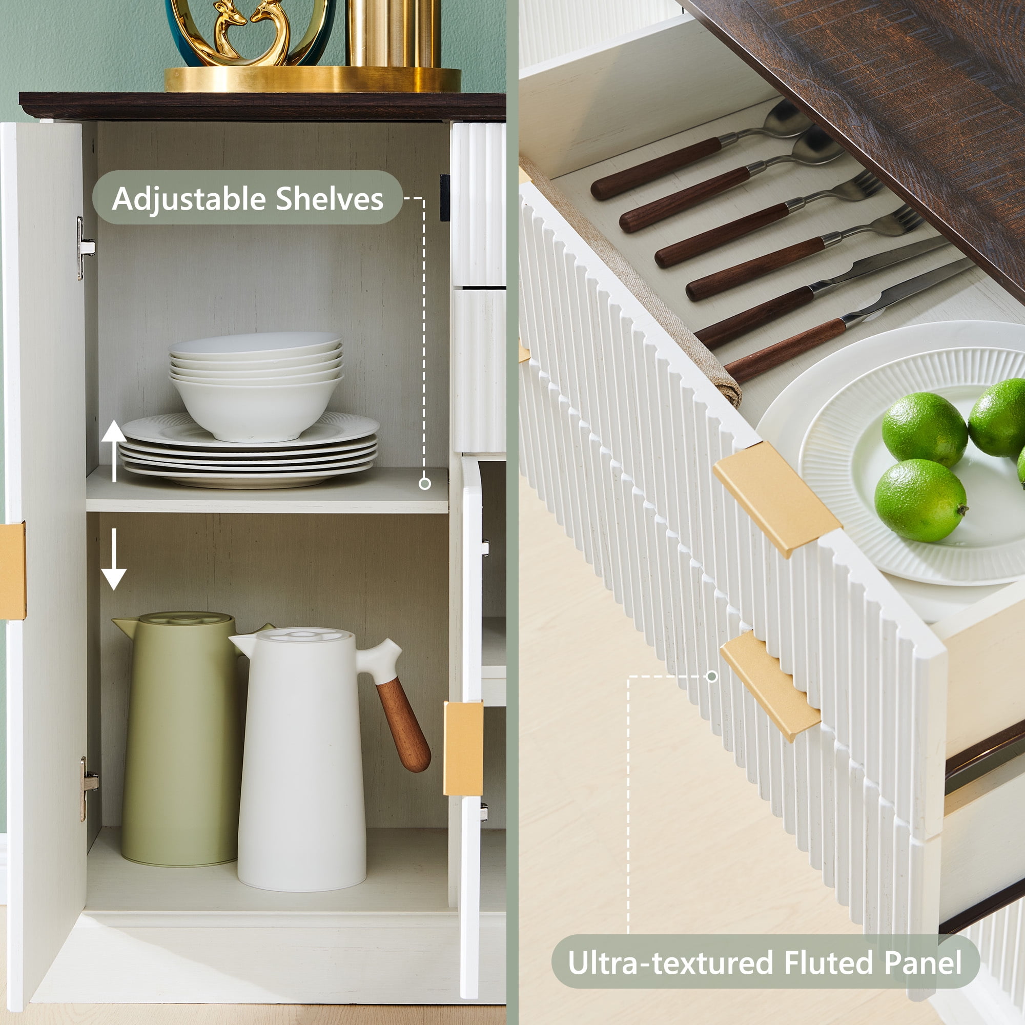 SinCiDo Farmhouse Fluted Buffet Cabinet with Storage, Kitchen Sideboard Cabinet with Adjustable Shelves for Dining Room