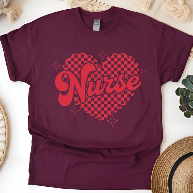 Graphic Nurse Tee with Retro Heart Pattern for Medical Staff, Maroon, Size S
