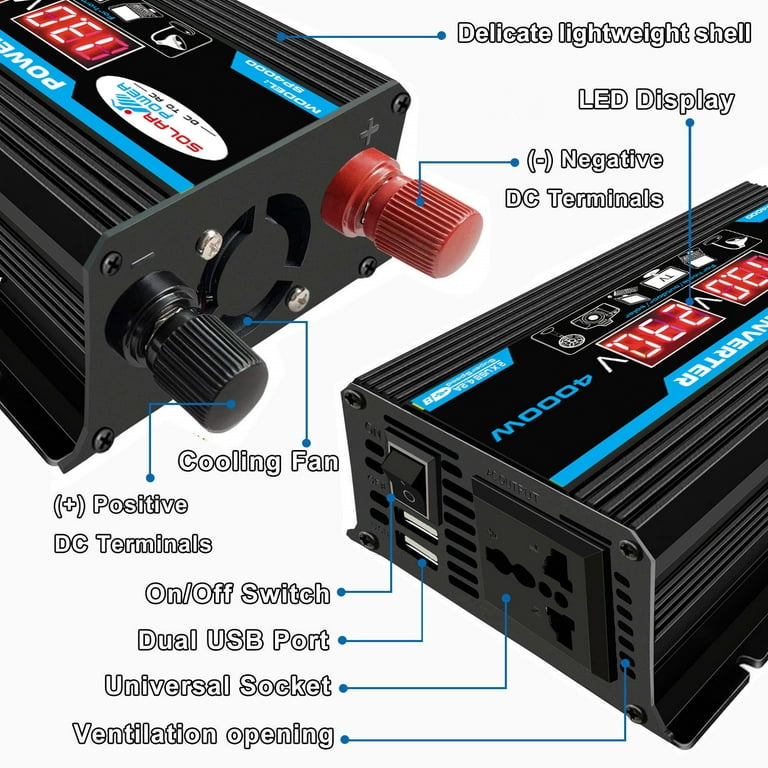 Modified Sine Inverter High Frequency 4000W Peak Power Watt Power Inverter DC to AC Converter Car Power Inverter with 2.1A Dual USB Port Battery Clips