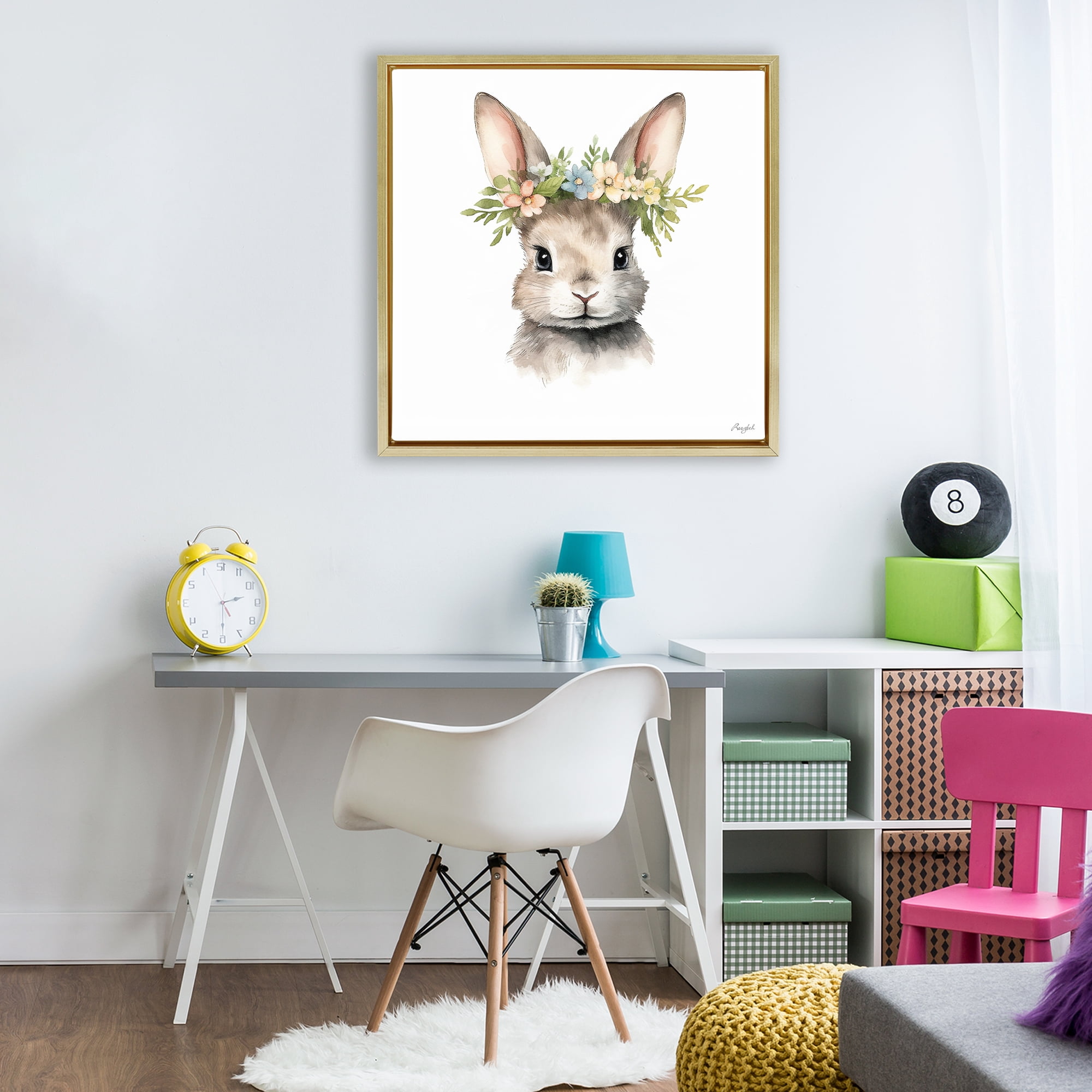 Stupell Industries Woodland Rabbit Flower Crown Gold Framed Floater Canvas Wall Art, design by Roozbeh