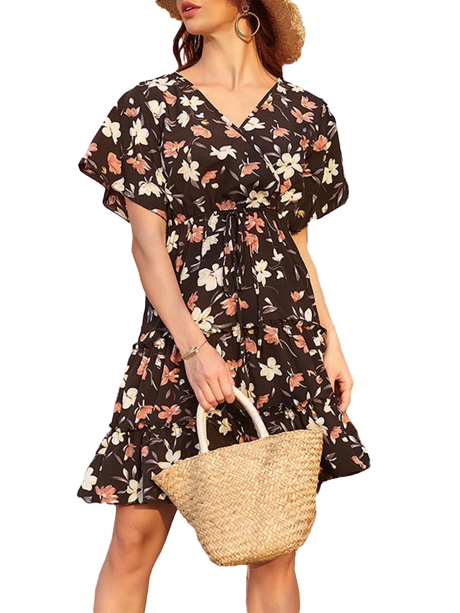 Womens Short Sleeve Floral Printed Beach Party Club Dress Summer Loose Sundress