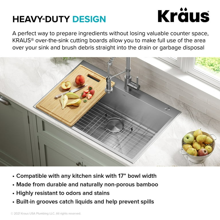 KRAUS Solid Bamboo Cutting Board with Mobile Device Holder for most  Standard Kitchen Sinks